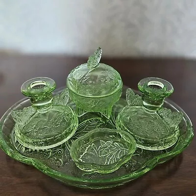 Buy Vintage Sowerby Green Pressed Glass Art Deco 1930's Dressing Table Set  • 19.99£