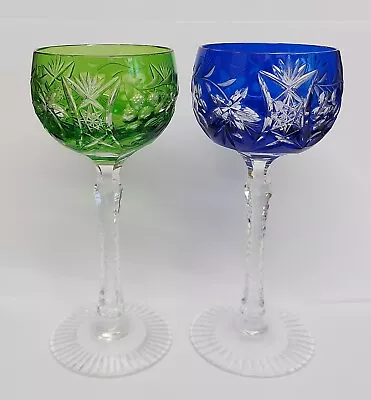 Buy Set Of 2 Czech Bohemian Cut To Clear Crystal Green & Blue Wine Glasses. • 40£