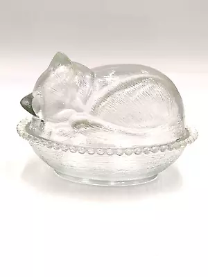 Buy Vintage Indiana Glass Sleeping Cat Kitten On Nest Basket Covered Dish Kitty • 15.63£