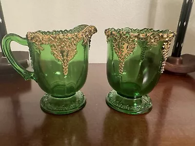 Buy Antique Tarentum EAPG Glass Green & Gold Sugar And Creamer Set CIRCA 1900 Rare • 32.62£