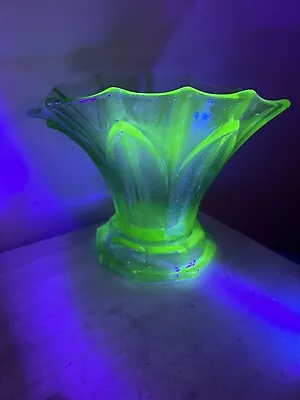 Buy Stolzle Czech Uranium  Green Glass Vase Art Deco With Stand 1930’s • 38£