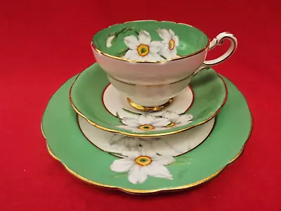 Buy PARAGON  Narcissus  Green And White Antique Trio Set - Cup Saucer & Plate • 19.99£