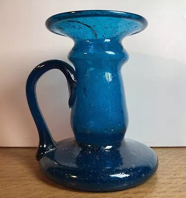 Buy Vintage Blue Glass Blown Candle Stick Chamber Stick Bubble Glass • 12.99£