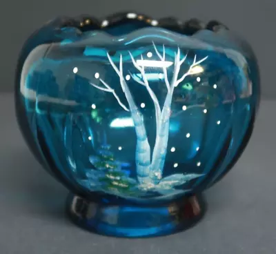 Buy Fenton Glass Blue Rose & Glitter Bowl Christmas Winter Tree Scene Signed 2759 KH • 46.55£