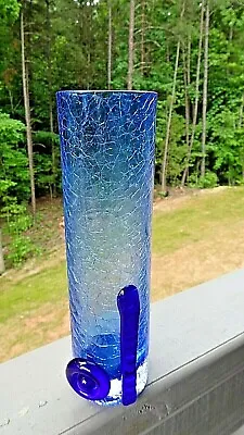 Buy 7.90  Tall Blue CRACKLE GLASS Vase Applied Art Deco Design Cobalt • 24.74£