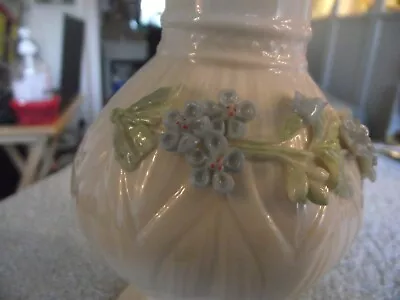 Buy BELLEEK VASE, WHITE, BLUE FLOWERS GREEN LEAVES VINTAGE 1980's • 30£