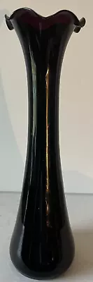 Buy Beautiful Black Amethyst Glass Bud Vase Ruffle Top Vintage 8 H 2.5 W • 6.52£