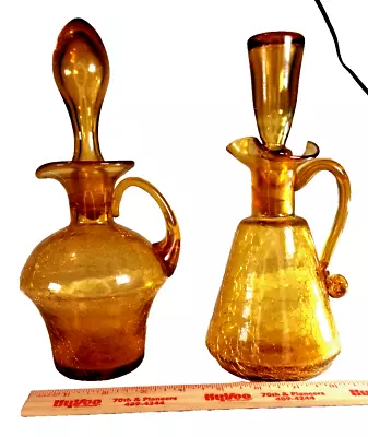 Buy Vintage Hand Blown Crackled Glass Pitcher Decanter W/ Class Stopper Amber Glass • 116.49£