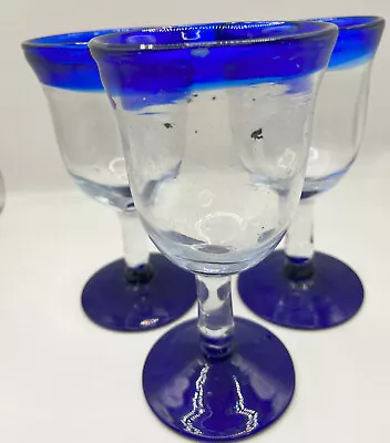 Buy Mexican Glass Hand Blown Set Of 3 Large Wine Glasses Cobalt Blue Rim And Base • 18.67£