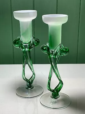 Buy Pair Vintage Jozefina Krosno White & Green Twisted Stem Art Glass Candlesticks • 14.99£