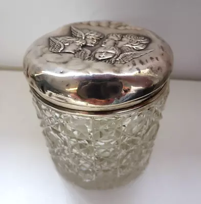 Buy 1930s Dressing Table Pot Silver Lid Cherub Hallmarked Cut Glass Jar 7cm X 6.5cm • 17.99£
