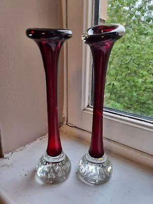 Buy 2 X VINTAGE Whitefriars Or Aseda Glasbruk .Bud Vases Red Air Bubble 9.5  Tall • 20£