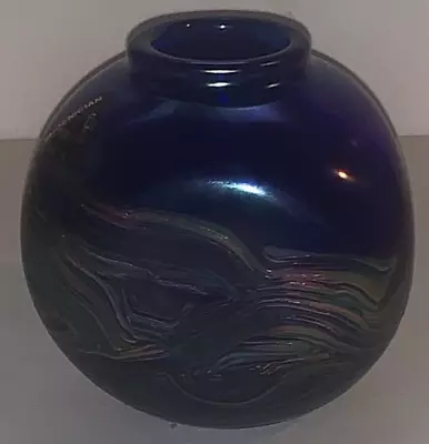 Buy Phoenician Glass Malta Cobalt Blue And Iridescent Rainbow Dimple Vase • 30£