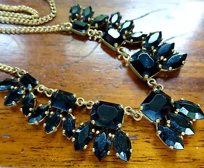 Buy Vintage Jet Black Rhinestone Flower Fringe Chain Necklace Gold Tone -285 • 4£