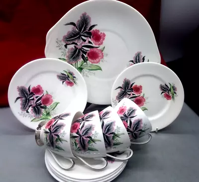 Buy Queen Anne Black-Pink Orchid Bone China Tea Cups Side Plates Cake Plate Silver • 25£