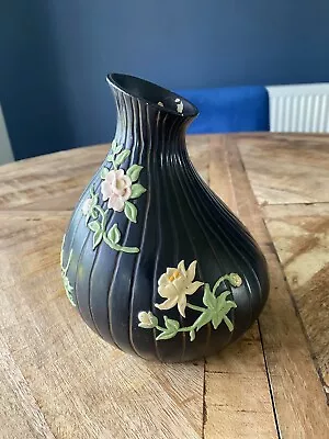 Buy 19cm Vintage 1930s Floral Brentleigh Ware Black Vase In Very Good Condition • 10£