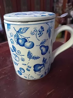 Buy Arthur Wood Fine Bone China Mug/Cup With Filter & Lid, Blue, White, Fruit Leaves • 12£