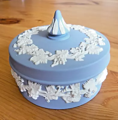 Buy Vintage Wedgwood Jasper Ware Blue & White Grapevine Trinket Box With Lid • 20£