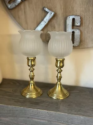 Buy 2 Mini Brass Gold Candle Stick Holders 4” Frosted Glass Shade Hollywood Regency • 27.03£