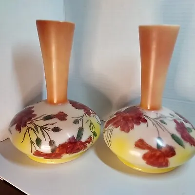 Buy 2 Beautiful VTG ('40's) Milk Glass Bristol Flute-Necked Floral Handpainted Vases • 60.58£