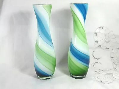 Buy Pair Of Vintage Art Glass Vases Possibly Swedish White Lined Green Blue Spiral • 35£