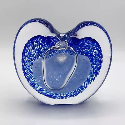 Buy Studio Art Glass Heart Vase Paperweight Clear Blue Spotted  Blown 4” Flower • 32.63£