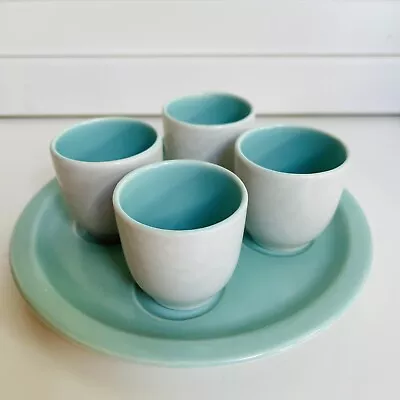 Buy Vintage Poole Pottery Twintone Egg Cups X 4 With Stand.  Ice Green And Seagull • 20£