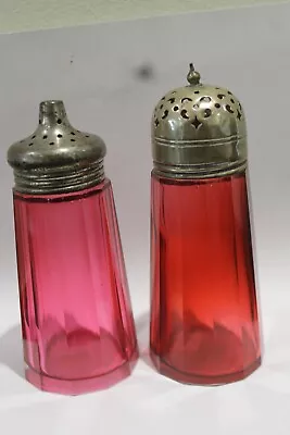 Buy 2 X Cranberry Ruby Glass Sugar Shakers Epns Tops Victorian Glass Faceted • 15£