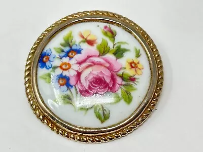 Buy Vintage Porcelain Rose Floral Limoges France Brooch Pin With Gold-Tone Rope Trim • 22.41£