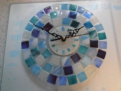 Buy New Dichroic Stained Glass Mosaic Wall Clock Teals Aquas Lilacs Etc. 22cm Across • 21.99£