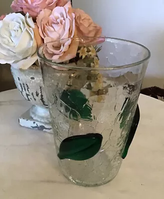 Buy Vintage Blenko Clear Crackle Hand Blown Vase / Beeker W/applied Green Leaves • 26.09£