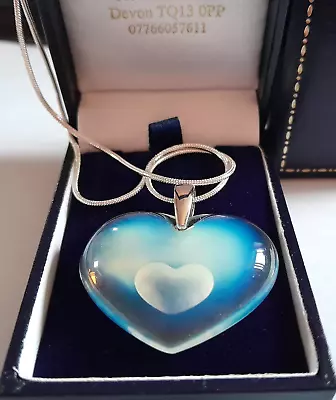 Buy Lalique - Pendant Opalescent Necklace Large Heart Silver Chain Silk Cord  - New • 195£