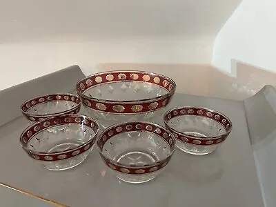 Buy Cranberry Red Gold Cut GLASS Large Bowl Serve & 1 Small Vintage Italy Retro 2 • 12£
