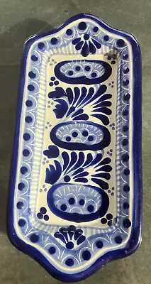 Buy Signed TALAVERA Mexican Pottery Folk Art Blue And Cream Serving Dish • 11.99£