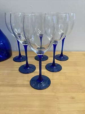 Buy Vintage French Luminarc Cobalt Blue Stemmed Wine Glasses 19.5 Cm - Set Of 6 VGC • 28£