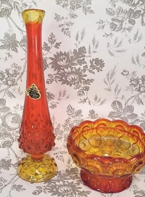 Buy Fenton MCM Amberina Hobnail 10  Bud Vase W/ LE Smith Moon Star Footed Bowl Lot#2 • 67.15£