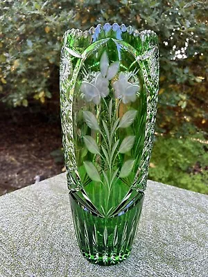 Buy Large Green Czech Bohemian Cut To Clear Rose & Star Design Sawtooth Rim 14” Vase • 350.10£