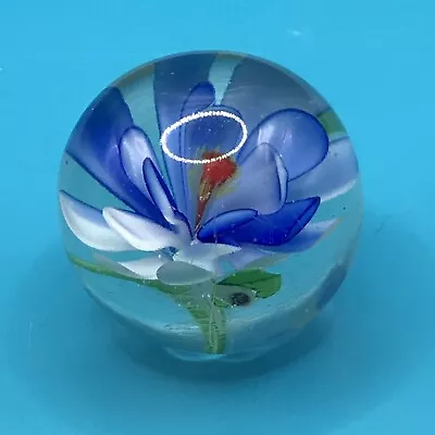 Buy Vintage Small Clear Art Glass Paperweight With Blue & Yellow Flower 2  Tall • 11.99£
