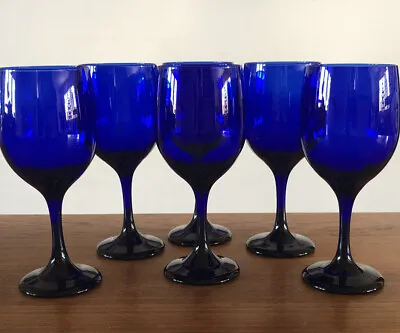 Buy Vintage Cobalt Blue Glass Stemmed 7” Wine Water Glass Goblet, Set Of 6 Excellent • 36.56£