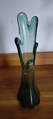 Buy Vintage MCM Olive Green Art Glass Vase 9.5  Ribbed Unique Flower Rose Vase • 10.50£