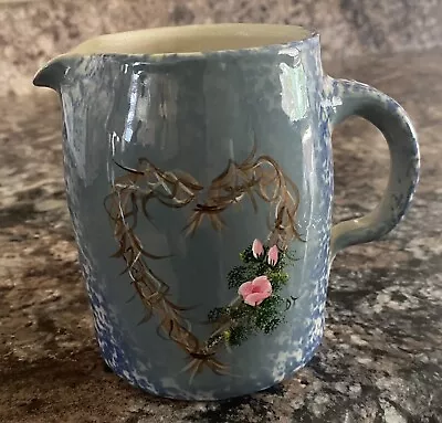 Buy Pottery Stoneware Blue Creamer Pitcher With Floral Wreath Hand Made • 21.25£