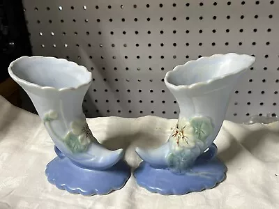 Buy Weller Pair Antique Art Pottery Cornucopia Horn Plenty Vase Blue Yellows Flowers • 54.05£
