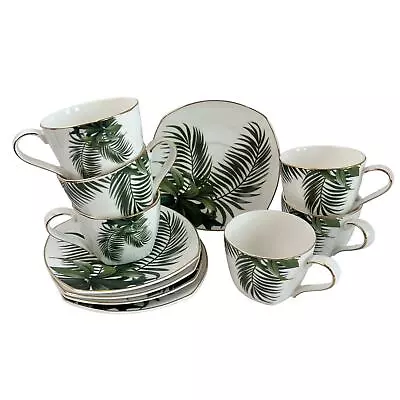 Buy Longfei China Porcelain Square Tea Set Of 12 Saucers Tea Cups Palm Fronds Modern • 116.70£