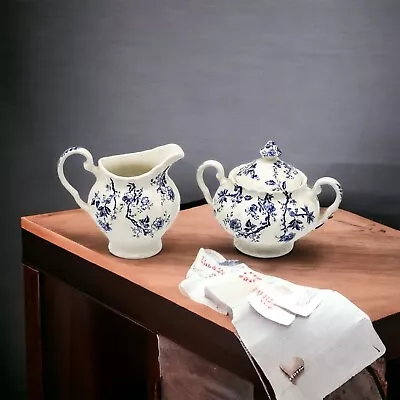 Buy Vtg Johnson Brothers Sugar & Creamer Set OLD BRADBURY Blue White Floral England • 55.90£