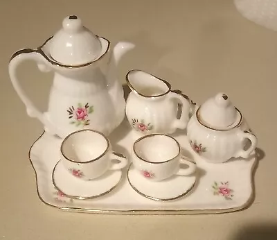 Buy Vintage Porcelain Miniature 10 Piece Tea Set Pink Rose Pattern Gold Trim • 13.07£