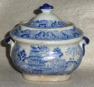 Buy Antique Early Victorian Blue & White Willow Pattern Ironstone Sugar Bowl & Lid. • 18£