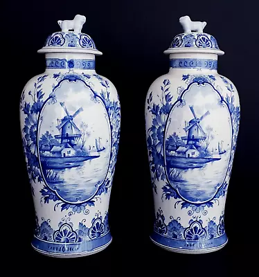 Buy Antique DELFT BLUE & WHITE GINGER JAR LIDDED VASE 12.2 INCHES - WINDMILL DECOR • 116.70£