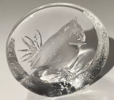 Buy MATS JONASSON SWEDEN Etched Crested Tit Art Crystal Glass Paperweight Signed • 14£