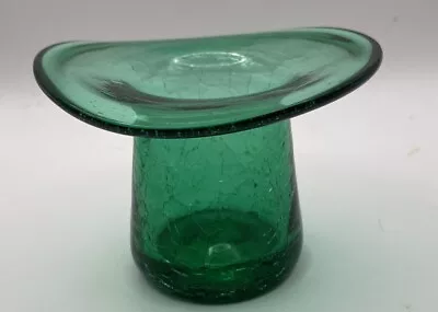Buy Green Hand Blown Crackle Glass Hat Vase With Wavy Brim - 3” • 6.52£