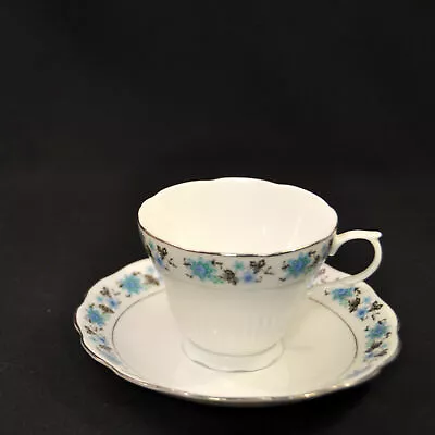 Buy Cup & Saucer Floral W/Platinum On White Blue Black Scalloped Made In China • 20.48£